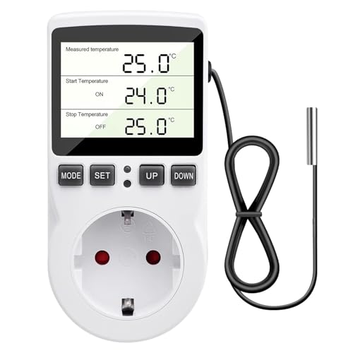 diymore Temperaturregler Steckdose 230V mit Fühler Temperaturschalter Digital Thermostat Steckdose LCD Display für Gewächshaus Aquarium Kühlschrank Heizung Kühlen