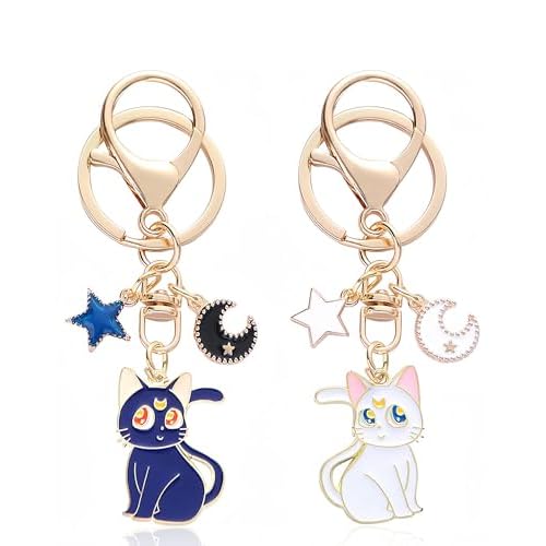 IPNSDON 2 Piezas Llavero Pentagrama Gato Luna, Sailor Moon, Carino Gato, Anime, Amuleto de la Suerte para Mujeres, Adolescentes, Niñas, Amantes de los Gatos