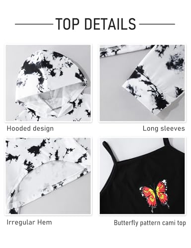 Image of Gaupafmb Girls Clothes 3PC Tie-dye with Butterfly Print Hoodie Sweatshirt Butterfly Print Cami Tops Sweatpants Girls