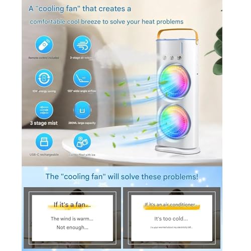 Image of Drumstone (๐๐+๐ ๐ฌ๐ฒ๐ฎ๐ฟ๐ Warranty 4000mAh Double Spray Mist Fan | Rechargeable Cold Air Desk Fan with 280ml Water Tank | 3 Speed & Mist Modes | USB-C, Remote Control, 7-Color LED Light (WHITE)
