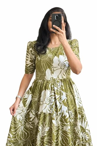 Image of Women's Rayon A-Line Midi Dress, Red and White Floral Print, Short Sleeves, Tiered Design, Round Neck, for Summer Wear
