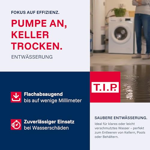 T.I.P. Edelstahl Schmutzwasser Tauchpumpe Duo-Ring, 20.000 l/h, 800W, Flachsaugend, 30mm Korngröße, 8m Förderhöhe, IPX DUO Effizient, Zuverlässig, MAXIMA 350 IPX DUO, 30274