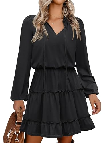 Caracilia Long Sleeve Dress for Women Fall 2025 Casual V Neck High Waist Tiered Ruffle Aline Swing Tunic Short Mini Dresses Black Large