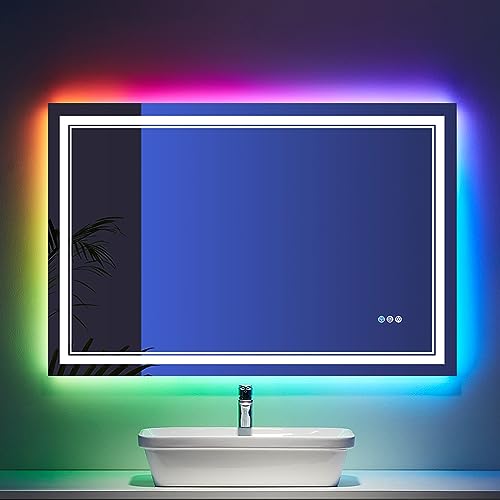 48x32 inch LED Lighted Bathroom Mirror,RGB Color Changing LED Mirror for Bathroom,Dimmable Anti-Fog Backlit Vanity Mirror (RGB Multicolor Backlit + Adjustable Front-Lighted)