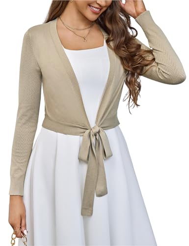Image of VOIANLIMO Women's Cardigan Knit Sweaters Long Sleeve Cropped Tie Front Bolero Shrug for Dresses S-XL