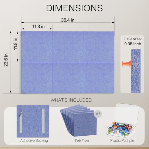 Image of MaxGear Felt Bulletin Board 36 inch x 24 inch, Sky Blue Felt Wall Tiles Push Pins