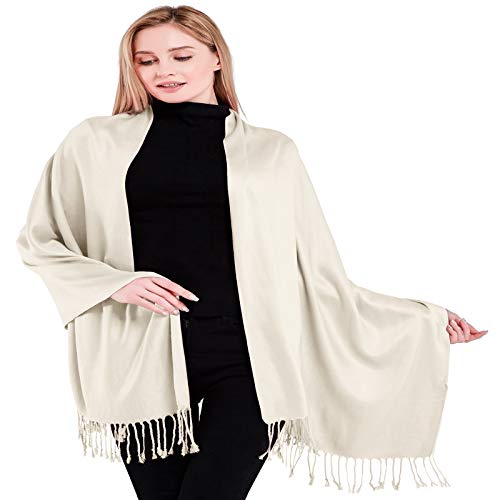 CJ Apparel Cream Ivory Off White Solid Color Tassels Design Nepalese Shawl Seconds Scarf Wrap Stole Throw Head Wrap Pashmina Hand Made in Nepal New Pashmina New