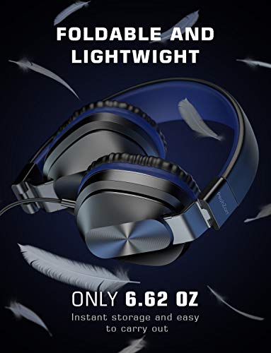 PeohZarr On-Ear Headphones New Version with Microphone, Lightweight Folding Stereo Bass Headphones with 1.5M Tangle Free Cord, Portable Wired Headphones for Smartphone Laptop Computer MP3/4-Blue