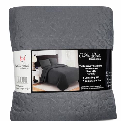 Genérico Colcha Bouti Reversible 100 gsm – 100% Poliéster con Relleno Virgen – Tejido Suave y Resistente – Colores Surtidos – para Cama 90, 105, 135 y 150 – Sin Almohada (Gris Noche, 90 y 105)