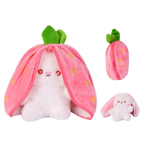Conejito de Peluche, Conejo Peluche Oculto 24cm, Juguete de Peluche de Conejito Reversible,Suave y Tierno Fresa de Peluche Conejito,Conejito de Fresa de Zanahoria con Cremallera Regalo de Pascua(Rosa)