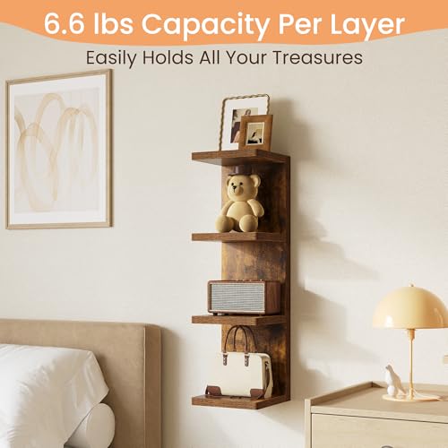 Image of upsimples 4 -Tier Floating Wall Shelf, Brown Vertical Vanity Decor Shelves