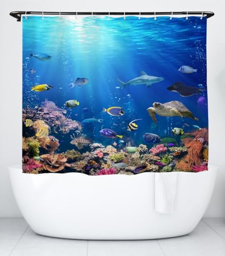 goodbath Rideau de douche court, Poissons sous l'océan Tissu anti-moisissure Imperméable Rideaux...