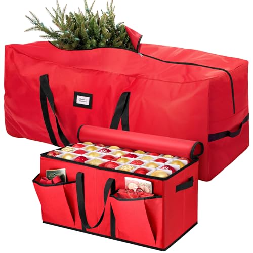 hatisan 2 Pcs Christmas Tree Storage Bag for 9ft Artificial Trees with Christmas Ornament Storage Box, Sturdy Waterproof Material, Zippered Bag, Stitched Reinforced Carry Handles(Red, 9 ft)