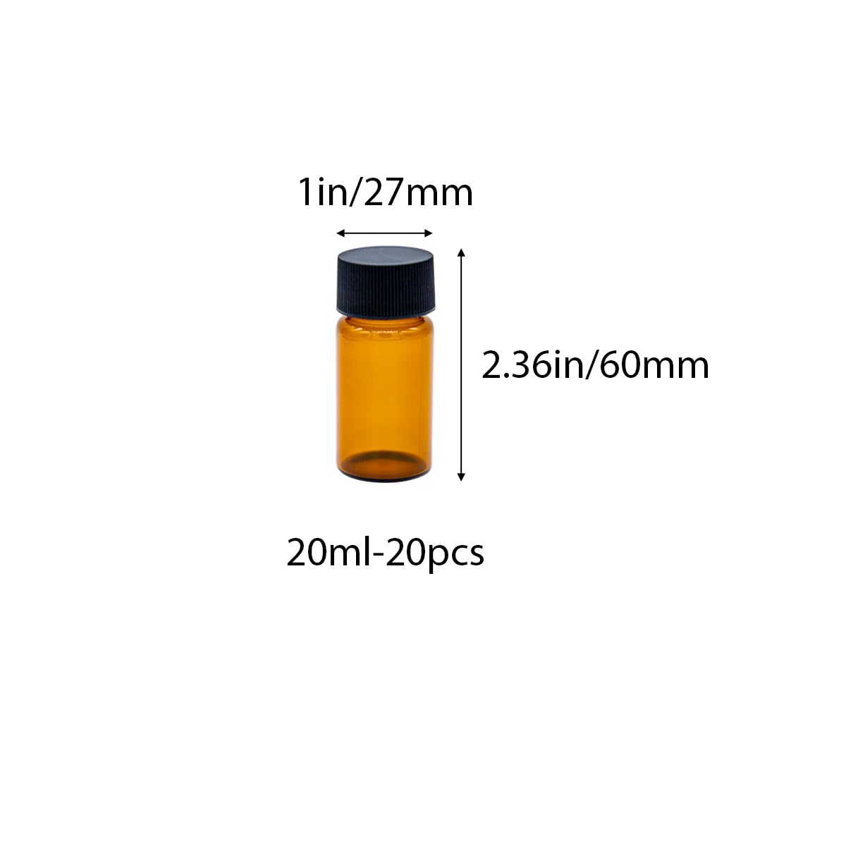 Tutuxio 20pcs 20ml Glass Sample Vials, Liquid Sampling Small Glass Bottle Storage Container with PE Liners Black Screw Caps Leak-Proof for Essential Oil, and Specimen Samples, Brown