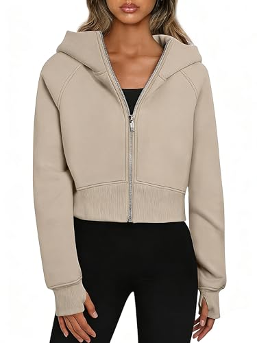 YOSICIL Sudadera con Capucha para Mujer Cropped con Cremallera Hoodie Mangas Largas con Detalle de Pulgar Chaqueta Deportiva Moda Cómoda Abrigo Corta Color Sólido Vida Diaria,Beis,S