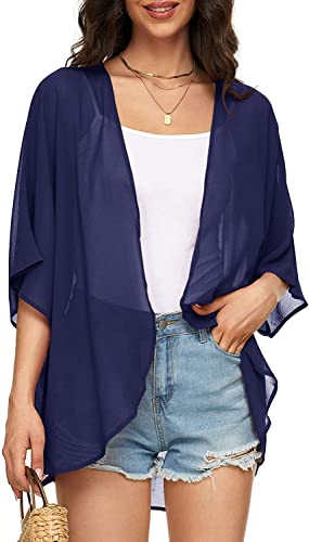 Image of Indian Trendy Women's Solid Puff Sleeve Kimono Cardigan Loose Cover Up Casual Blouse Top Chiffon