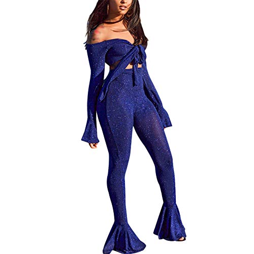 Aro Lora Women's Glitter Jumpsuit 2 Piece Outfit Flare Long Sleeve Crop Top + Long Bodycon Pant Romper Set Medium Blue