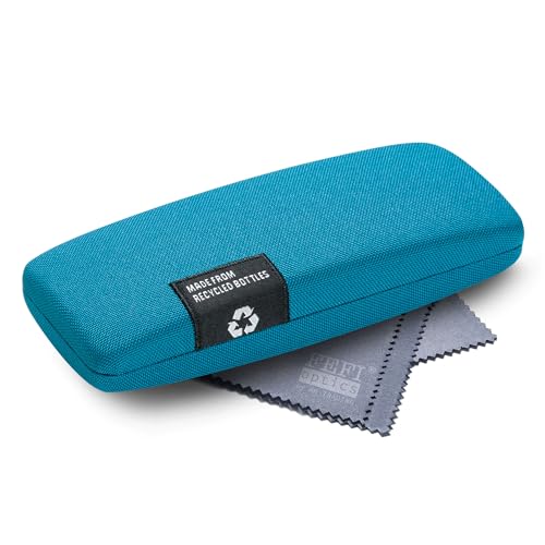 FEFI - Estuche rígido para gafas con funda de botellas de PET recicladas - Con paño de limpieza para gafas, azul, M