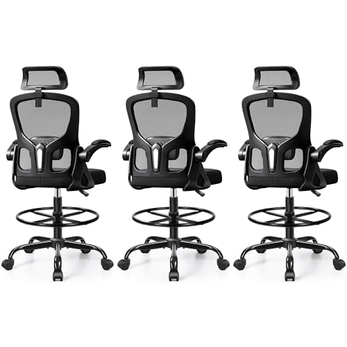 Image of Drafting Chair, Tall Office Chair for Standing Desk, Ergonomic High Back with Headrest, Lumbar Support, Foot Ring and Flip-up Armrests, Black, Pack of 3