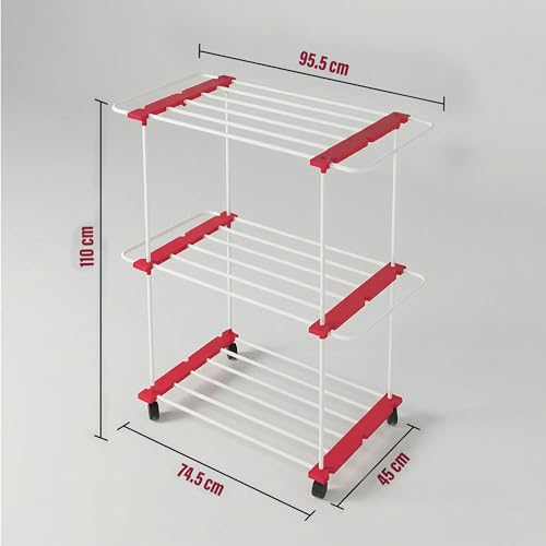 Image of TNT THE NEXT TREND Trixy 2 Layer Carbon Steel Indoor & Outdoor Clothes Drying Stand with U-Bar, Wheels, 33.4 ft Drying Space, (L96 x B45.3 x H119.5 cm), 5 Year Rust Proof Warranty, Cherry