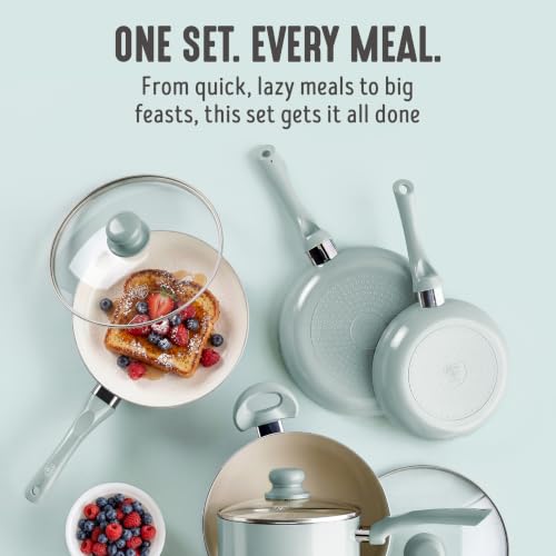 Image of GreenLife 16pc Ceramic Nonstick Pots & Pans Cookware Set, Mint Green | PFAS-Free Nonstick Coating, Stockpot, Frying Pans, Saucepan, Saute, Induction Ready, All Stovetop Compatible, Dishwasher Safe