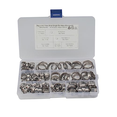 SOLUSTRE Metal Single Ear Hose Clamp 80pcs Assorted Sizes Fit for Air Water Lines