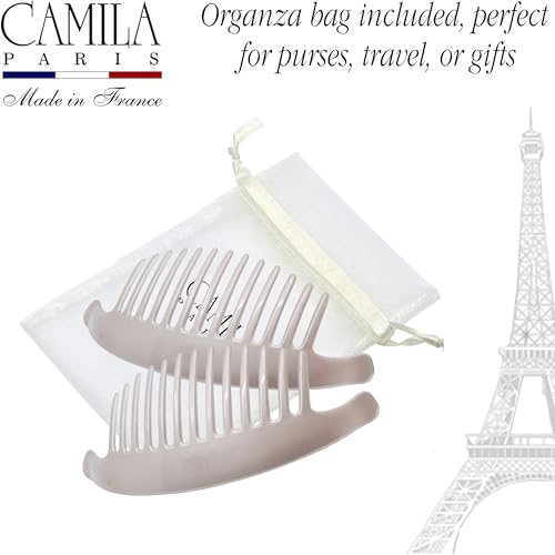 Image of Camila Paris CP3016 French Hair Side Combs, Beige Pearl Interlocking Combs French Twist Hair Combs, Strong Hold Hair Clips for Women Bun Chignon Up-Do, Styling Girls Hair Accessories, Made in France