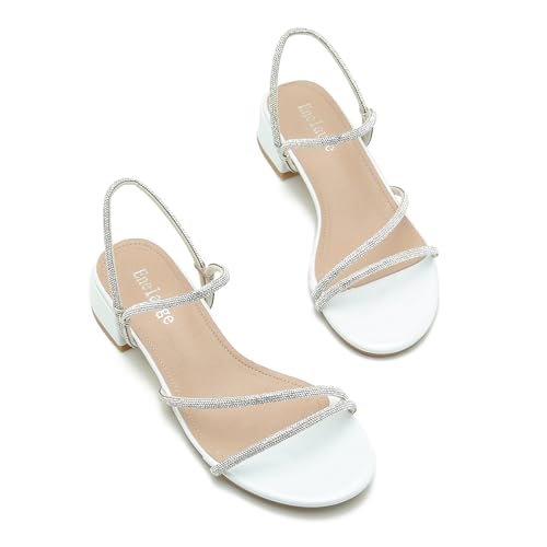 Enelauge Women's Rhinestone Strappy Open Toe Low Block Chunky Heels Sandals Backless Summer Holiday Party Wedding Dress Shoes3