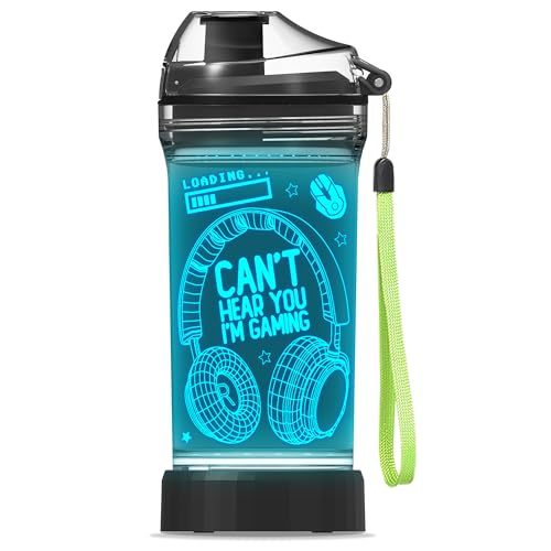 YuanDian Can't Hear You I'm Gaming Water Bottle, Headphone 7 Color Lights 3D Light up Drinking Cups Gifts for Gamers Boys, BPA Free & Leak Proof Flip Top Lid & Easy Clean & Carry Handle, 14oz/400ml