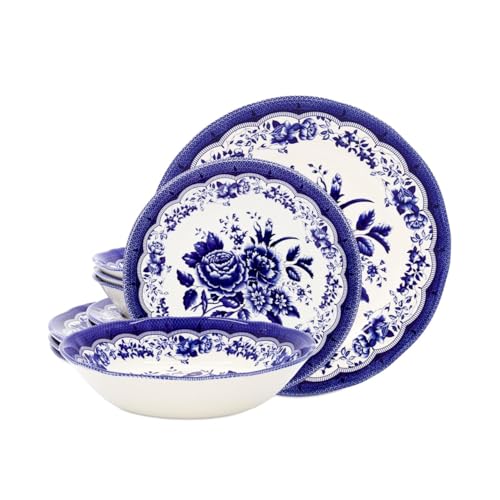 Tudor Royal Collection - Juego de vajilla de porcelana de alta calidad de 12 piezas, servicio para 4 personas, color azul Victoria; ver 10 diseños en el interior Tudor Royal Collection - Juego de vajilla de porcelana de alta calidad de 12 piezas, servicio para 4 personas, color azul Victoria; ver 10 diseños en el interior