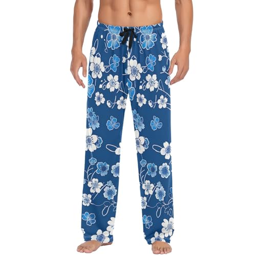 Men's Pajama Pants Little Flowers Blue Sleep Pajama Lounge Pant with Pockets, Elastic Waistband