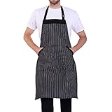 BIGHAS Adjustable Bib Apron with Long Ties for Women Men 18 Colors Chef Kitchen Cooking (Bk&wh Stripes)