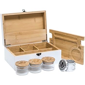 Stash Box Johnny Raccoon Extra Large Bamboo Stash Box Combo with 2.5" 4-Piece Herb Grinder, 3 Stash Jars and Large Removable Rolling Tray | Lockable Storage with Removable Dividers | Strong, Elegant and Durable