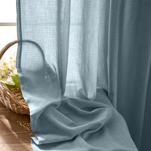 Image of jinchan Linen Curtains 96 Inch Light Filtering Grommet 2 Panels Blue
