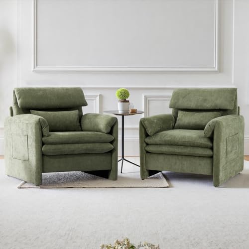 Living Room Chairs Set of 2, Oversized Reading Chair, Upholstered Armchair with Deep Seat and Wood Legs for Bedroom/Reading Spaces/Office, Green