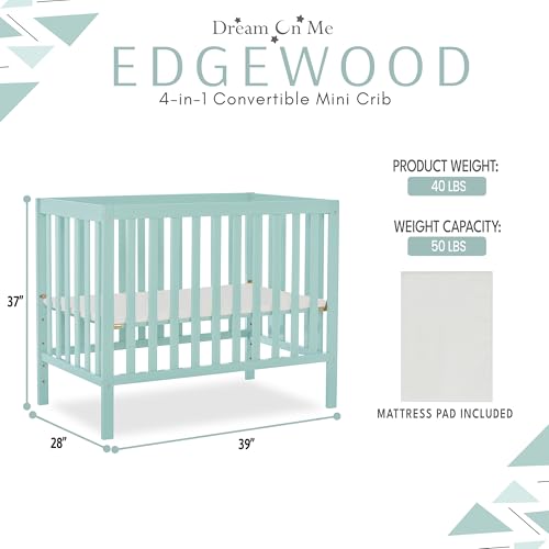Image of Dream On Me Edgewood 4-In-1 Convertible Mini Crib In Mint, JPMA Certified, Non-Toxic Finish, New Zealand Pinewood, With 3 Mattress Height Settings, Included 1 inch Mattress Pad