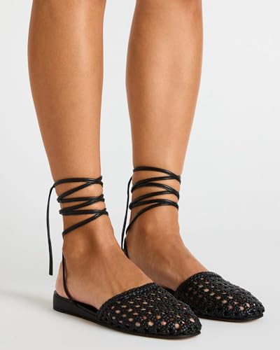 Image of Woven Ballet Flats for Women Lace Up Closed Square Toe Summer Sandals Dressy Shoes