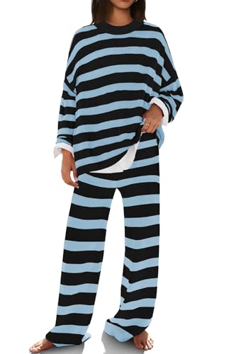 Image of SENSERISE Womens Striped Set Sweater Lounge Sets | Pajamas Set, Loungewear Set, Oversized Knit Sweater, Wide Leg Pants with Pockets, High Waisted, Fall Outfits, Pants Set