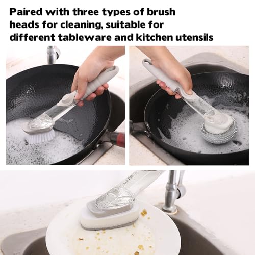 Image of Soap Dispensing Dish Brush, Soap Control Dishwand with 2 Sponge Heads 2 Replaceable Heads 2 Wire Ball Heads Handle Non-Scratch Brush Scrubber for Kitchen Dishes Pots Pans Sink Cleaning