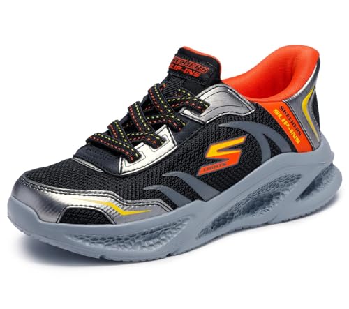 Skechers Boy's Meteor-Lights Brisk-Beams Sneakers, Black Synthetic/Silver Textile/Orange & Y, 1.5 UK Child