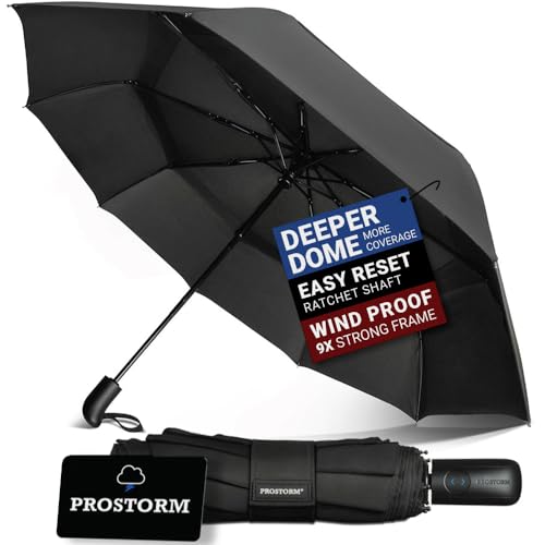PROSTORM Vented Travel Umbrella | Strong Compact Windproof Umbrella | Top Pick by Wirecutter 2025 | Deep Dome Coverage | Automatic Open/Close | Portable Pop Up with Large Coverage | Fits Car & Backpack (Black)
