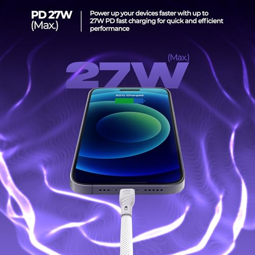Image of Zebronics Type-C to Lightning Fast Charging Cable, 27W PD Rapid Charging, Charge & Sync Support, Braided Tangle-Free Design, 1.5 Meter Length, Compatible with Type-C PD Adapters (TL300, White)