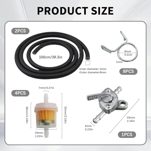 15 Pcs Benzinfilter Kit, Benzinschlauch Benzinfilter Motorrad Kraftstofffilter Beinhaltet 1 Ventil 2m Benzinschlauch 8 Schlauchschellen 4 Filter, Inline-Kraftstofffilter Kit für Auto Motorrad