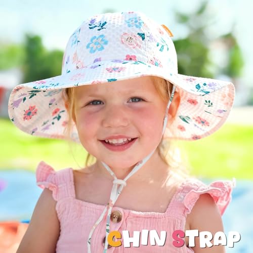Image of HONGTEYA Baby Sun Hat Toddler Girl Beach Hat Sun Protection Adjustable Outdoor Summer Wide Brim Bucket Hat for Infant Kids
