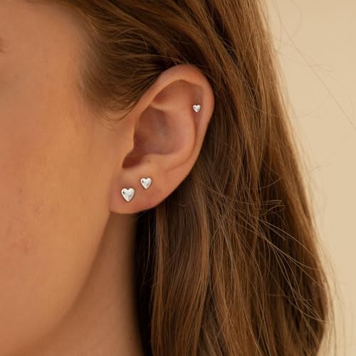 VRIUA Hypoallergenic Flat Back Earrings for Women - 14K Silver Plated Small Heart Flat Back Stud Earrings Cartilage Helix Piercing Jewelry by VRIUA - Image 2