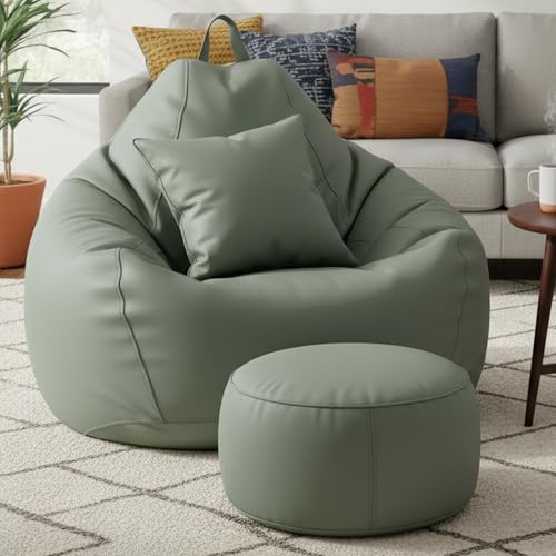 Image of KAM'S LIEU 6XL Luxury Faux Leather Bean Bag with Footrest & Cushion | Pre-Filled High-Density Polystyrene Beans | Premium Leatherette |Teardrop Handle Design | 6 Months Warranty Color- SAGE Green