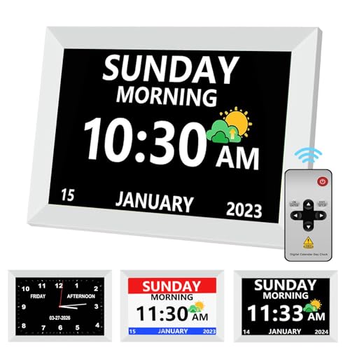 10 Inch Clock with Day and Date for Elderly Large Display Digital Clocks 12 Alarm 3 Display Modes Large Font Alzheimer's Clock Alarm Clocks for Seniors Auto DST 10in White