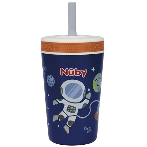 Image of Nuby Thirsty Kids Flexstraw Stainless Steel Insulated Toddler Cup - 12 oz | Leak-Resistant Silicone Straw - Easy-Clean Valve and Capacity - Travel Cup - Astronaut