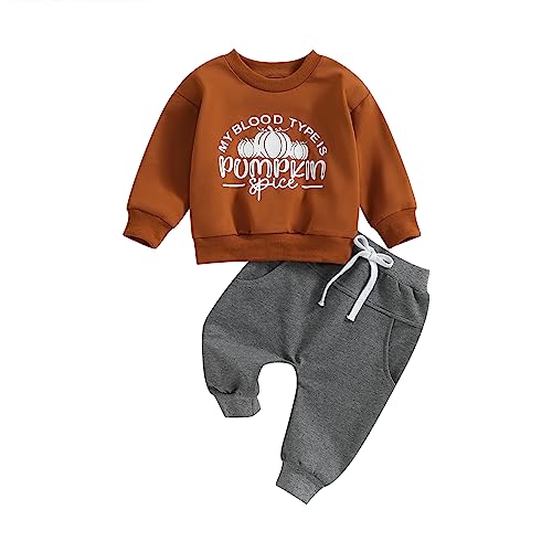 Image of Baby Boy Halloween Outfit Long Sleeve Pumpkin Print Sweatshirt Shirt Top Pants Newborn Toddler Fall Clothes (BrownA, 0-6 Months)