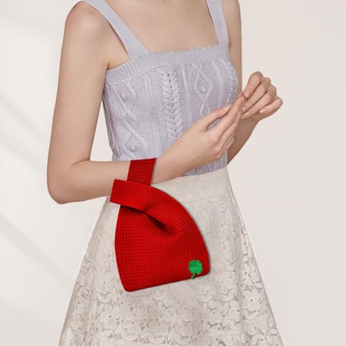 Image of Small Crochet Knit Tote Wrist Bag, Portable Knot Sleeve Handle Bag Cute Wristlet Pouch Purse for Women